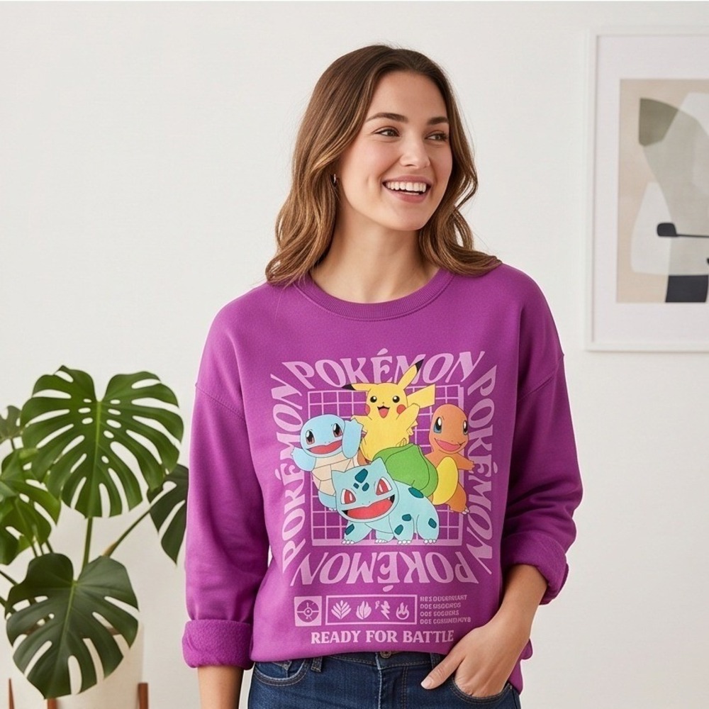 Pokemon L Pikachu Charmander Squirtle Purple Sweatshirt Ready For Battle